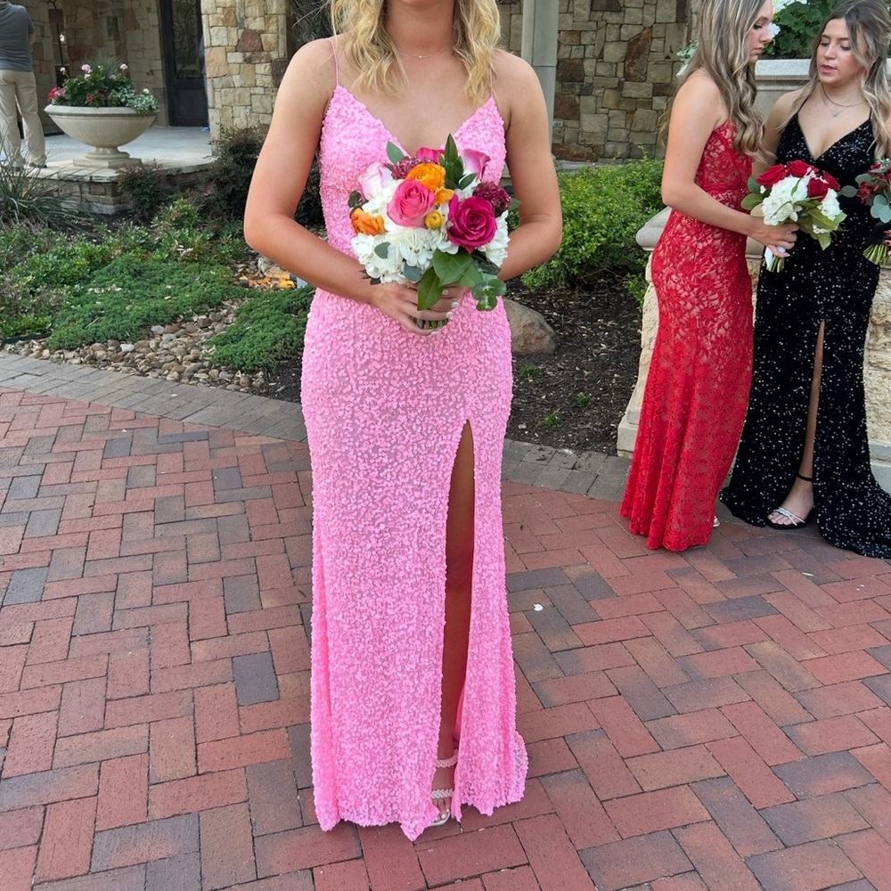 Pink Sequin Embellished Prom Dress with Slit